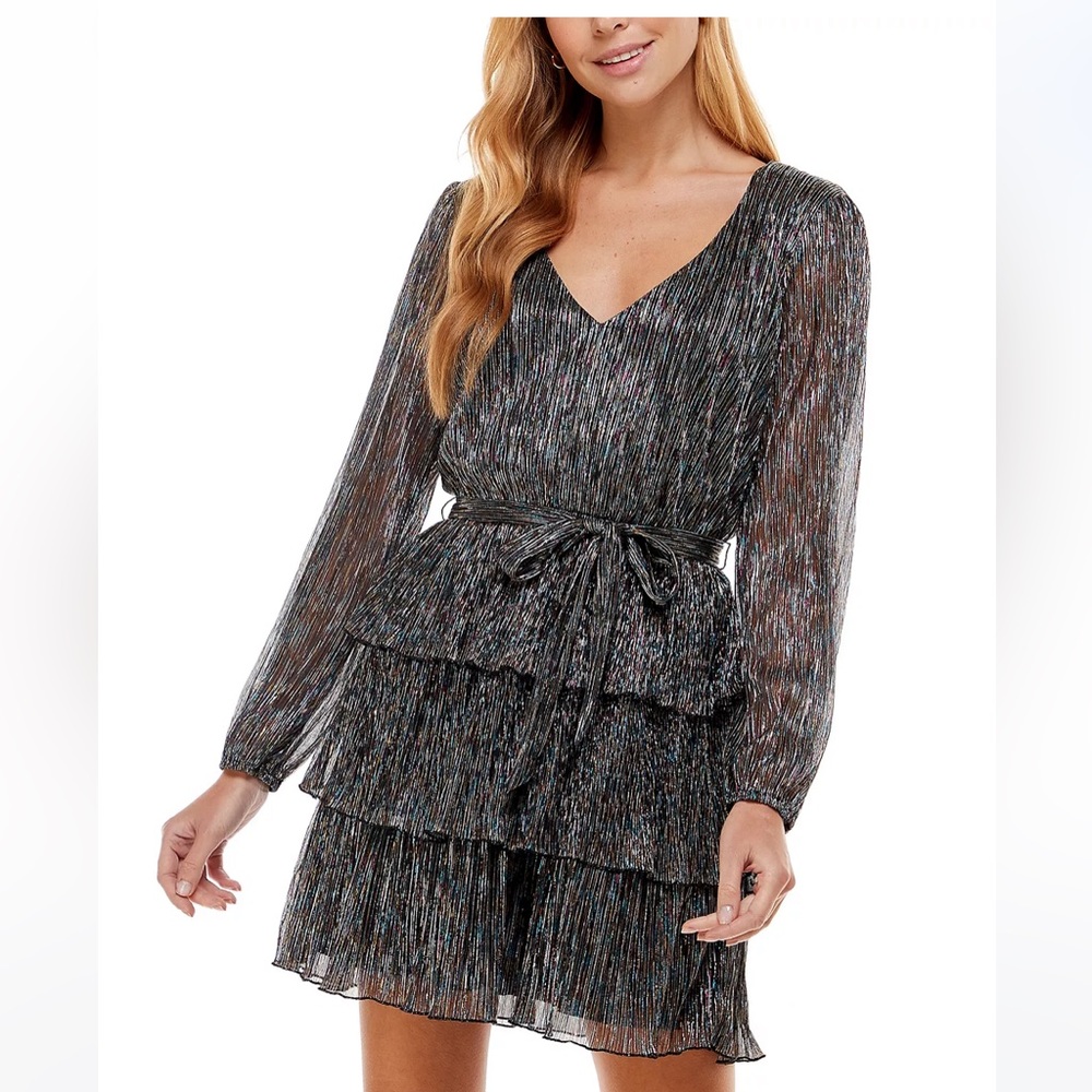 V-Neck Tiered Fit & Flare Glitter Dress